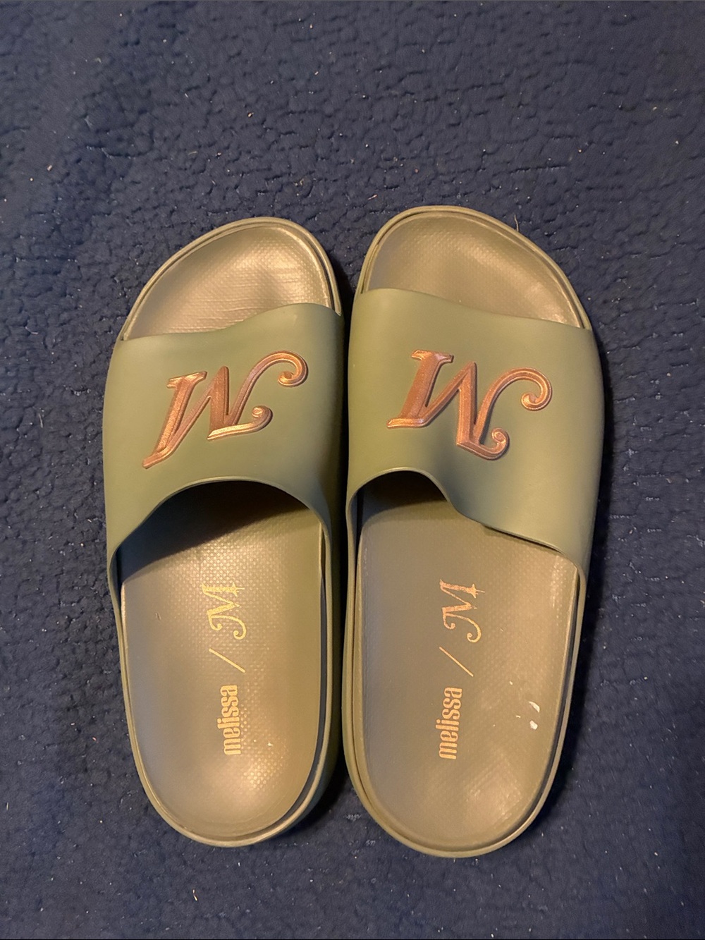 Melissa Olive Green Slide Sandals with Rose Gold Logo